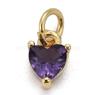 Brass Micro Pave Cubic Zirconia Charms, Long-Lasting Plated, Real 18K Gold Plated, Heart, Medium Purple, 8x5x3.5mm, Hole: 3mm(KK-P192-08-G03)