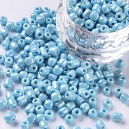 Glass Seed Beads, Opaque Colors Lustered, Round, Light Cyan, 4mm, Hole: 1.5mm, about 4500pcs/pound(SEED-A012-4mm-123)