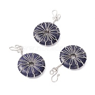 Synthetic Blue Goldstone Big Pendants, with Platinum Plated Brass Wires Wrapped, Flat Round, 50~53.5x30~31x7.5mm, Hole: 7.55mm(G-P459-01P-B)