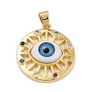 Brass Micro Pave Colorful Cubic Zirconia Pendants, with Resin, Real 18K Gold Plated, Flat Round with Eye, Light Sky Blue, 27.5x25x7.5mm, Hole: 6.5x3.5mm(ZIRC-A021-03G-D)