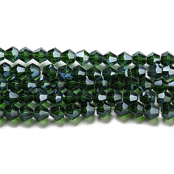 Transparent Electroplate Glass Beads Strands, Pearl Luster Plated, Faceted, Bicone, Dark Green, 4x4mm, Hole: 0.8mm, about 87~98pcs/strand, 12.76~14.61 inch(32.4~37.1cm)(GLAA-F029-4mm-C25)