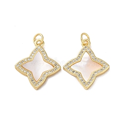 Brass Micro Pave Clear Cubic Zirconia Pendants, with Shell, Real 18K Gold Plated, Star, 20.5x18x2.5mm, Hole: 3mm(KK-B083-17G-01)
