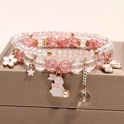 2Pcs 2 Styles Plastic & Glass Beaded Stretch Bracelets, Alloy Enamel Charms Bracelets for Women, Rabbit, Golden, Light Coral, Light Coral, Inner Diameter: 2-3/8 inch(6cm)(FS-WGE3E77-04)