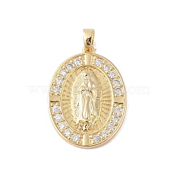 Brass Cubic Zirconia Pendants, Long-Lasting Plated, Oval with Holy Virgin Charms, Golden, Clear, 32x24x3mm, Hole: 6x5mm(KK-Z050-24G-01)