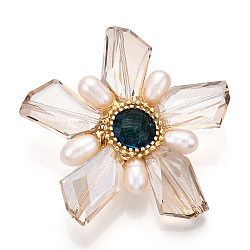 Natural Pearl & Glass Flower Brooches for Women, with Brass Pave Cubic Zirconia Branch, Real 14K Gold Plated, 48~51.5x48~50.5x13mm(JEWB-N001-05G)