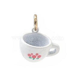 Spray Painted Brass Charms, Cup with Floral Pattern Charms, Golden, White, 13x15x10mm, Hole: 3.8mm(KK-CBAEB58-13)