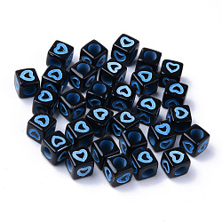 Opaque Black Acrylic European Beads, Large Hole Beads, Cube with Heart, Cornflower Blue, 7x7x7mm, Hole: 4mm, about 1900~2000pcs/500g(MACR-S273-51B-02)