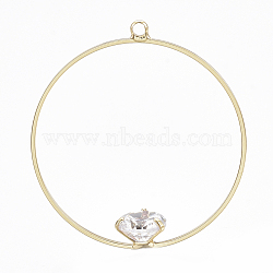 Brass Pendants, Real 18K Gold Plated, with Cubic Zirconia, Ring, Clear, 32.5x30x7.5mm, Hole: 1.4mm(KK-S348-061A)