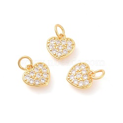 Brass Micro Pave Cubic Zirconia Charms, Heart, Clear, Golden, 10x10x1.8mm, Hole: 3mm(X-ZIRC-F106-07G)