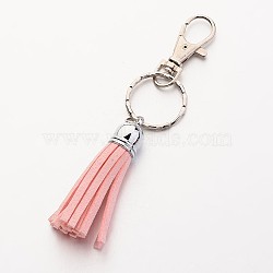 Alloy Swivel Lobster Claw Keychain, with Tassel Suede Cord and Iron Ring, Pink, 120mm(KEYC-JKC00089-03)