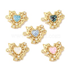 Epoxy Resin & Shell Connector Charms, Rack Plating Brass Pave Clear Cubic Zirconia Heart with Spider Web Links, 18K Gold Plated, Long-lasting Plated, Cadmium Free & Lead Free, Mixed Color, 15x17.5x3mm, Hole: 1.2mm(KK-K380-09G)