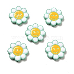 Opaque Acrylic Beads, with Enamel, Flower with Smiling Face, Aquamarine, 24.5~25x4mm, Hole: 1.5mm(ACRC-I001-02D)