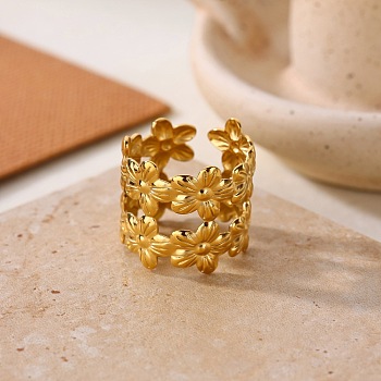 304 Stainless Steel Cuff Open Rings, Golden, Flower, Inner Diameter: 15~20mm