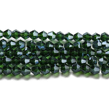 Transparent Electroplate Glass Beads Strands, Pearl Luster Plated, Faceted, Bicone, Dark Green, 4x4mm, Hole: 0.8mm, about 87~98pcs/strand, 12.76~14.61 inch(32.4~37.1cm)