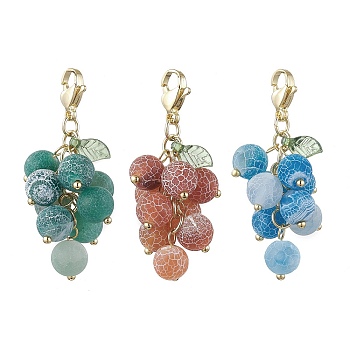 Natural & Dyed Crackle Agate Beaded Pendant Decorations, with Acrylic Charms and 304 Stainless Steel Lobster Claw Clasps, Grape, Mixed Color, 45.5mm, 3pcs/set