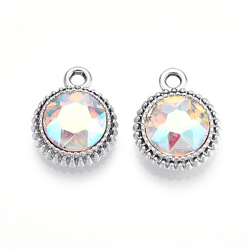 K5 Glass Pendants, Flat Round, Faceted, with Alloy Findings, Platinum, Azure, 17~17.7x14x5.2~6mm, Hole: 2mm