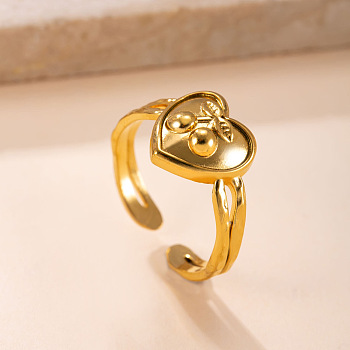 304 Stainless Steel Cuff Open Rings, Heart with Cherry, Golden, 15~20mm
