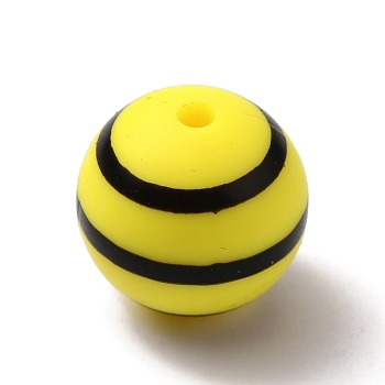 Food Grade Eco-Friendly Silicone Beads, Chewing Beads For Teethers, DIY Nursing Necklaces Making, Round with Stripe Pattern, Yellow, 15mm, Hole: 2mm