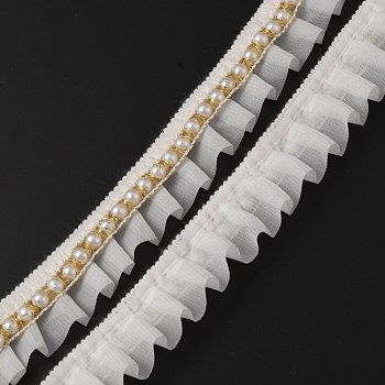 Elastic Chinlon Lace Trim, with Imitation Pearl Beads, Pleated Lace, Floral White, 1-1/8 inch(30x7mm)