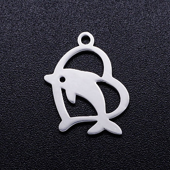 201 Stainless Steel Hollow Pendants, Heart with Dolphin, Stainless Steel Color, 18x14x1mm, Hole: 1.5mm