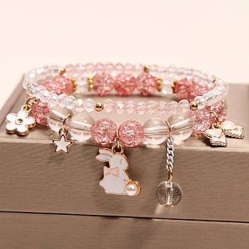 2Pcs 2 Styles Plastic & Glass Beaded Stretch Bracelets, Alloy Enamel Charms Bracelets for Women, Rabbit, Golden, Light Coral, Light Coral, Inner Diameter: 2-3/8 inch(6cm)