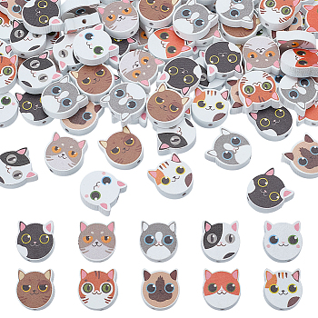 100Pcs 10 Styles Wood Beads, Cat Shape, Mixed Color, 19x18x5.5mm, Hole: 2.5mm, 10pcs/style