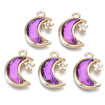 Glass Rhinestone Pendants, with Light Gold Plated Brass Plain Edge Bezel Cups, Faceted, Moon, Amethyst, 19x14x4mm, Hole: 1.8mm