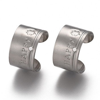 304 Stainless Steel Cuff Earring Findings, with Flower and Word Happy, with Hole, Stainless Steel Color, 11x10x7mm, Hole: 0.9mm