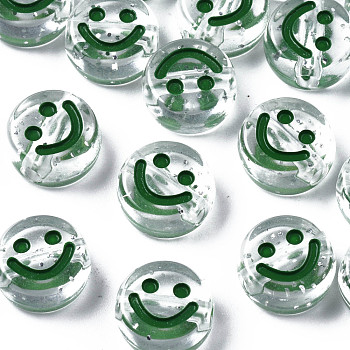 Transparent Acrylic Beads, Horizontal Hole, with Glitter Powder & Enamel, Flat Round with Smile Face, Dark Green, 10x5mm, Hole: 2mm, about 1600pcs/500g