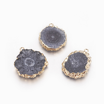Natural Dyed Quartz Pendants, Solar Quartz, with Golden Plated Edge Brass Findings, Flat Round, Gray, 25~42x22~23x4~6mm, Hole: 2.5mm