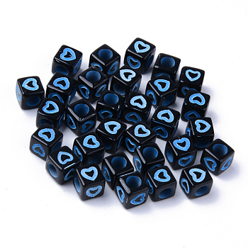Opaque Black Acrylic European Beads, Large Hole Beads, Cube with Heart, Cornflower Blue, 7x7x7mm, Hole: 4mm, about 1900~2000pcs/500g
