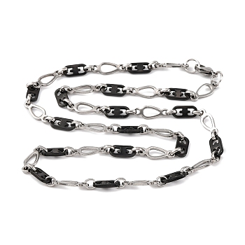 201 Stainless Steel Oval Links Chain Necklace, with 304 Stainless Steel Clasps, Stainless Steel Color, Black, 23.50 inch(59.7cm), Link: 12.5x6x1.5mm and 17.5x6.5x1.5mm