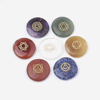 Natural & Synthetic Mixed Stone Cabochons, Flat Round with Yoga Chakra Pattern, 28~32x6~7mm, 7pcs/set