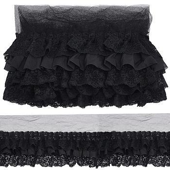 Pleated Chiffon Lace Trim, Polyester Lace Ribbon For Sewing Decoration, Black, 4-3/4~5-1/8 inch(120~130mm), 2 yards/set