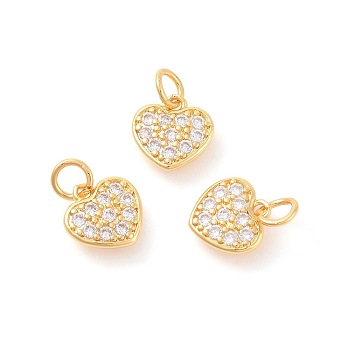 Brass Micro Pave Cubic Zirconia Charms, Heart, Clear, Golden, 10x10x1.8mm, Hole: 3mm
