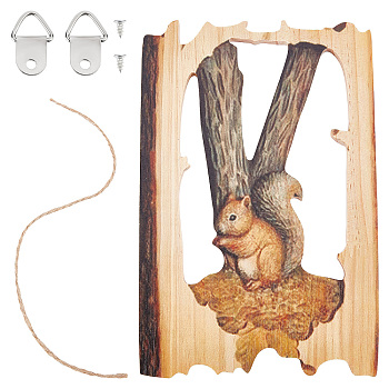 Wood Animal Hanging Ornaments, with Jute Twine and Iron Hook Hangers & Screws, for Rustic Home Decoration, Squirrel Pattern, 193x128x8mm