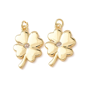 Brass Micro Pave Cubic Zirconia Pendants, Clover Charms, Rack Plating, Long-Lasting Plated, Lead Free & Cadmium Free, Real 18K Gold Plated, Clear, 25x16x3mm, Hole: 3mm