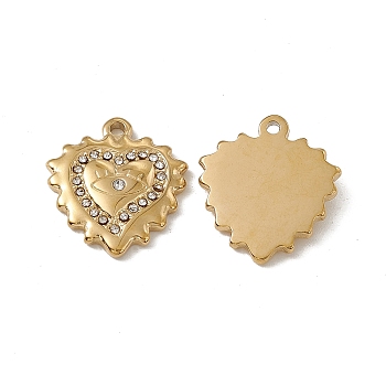 Vacuum Plating 201 Stainless Steel Pendants, Crystal Rhinestone Heart Charms, Real 18K Gold Plated, 19.5x18x3mm, Hole: 1.6mm