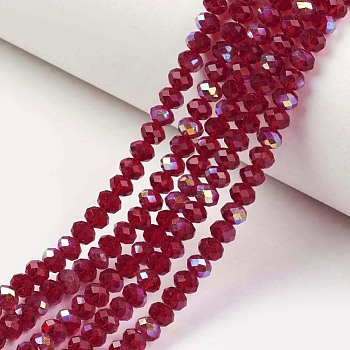 Electroplate Glass Beads Strands, Half Rainbow Plated, Faceted, Rondelle, FireBrick, 8x6mm, Hole: 1mm, about 65~68pcs/strand, 15.7~16.1 inch(40~41cm)
