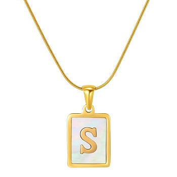 Stainless Steel Snake Bone Chain Alphabet Necklace with Shell Pendant, Letter S, Golden