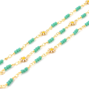 Handmade Brass Link Chains, with Faceted Glass Beads, Long-Lasting Plated, Soldered, with Spool, Flower with Enamel, Golden, Mixed Color, Link: 13x7.5x2mm, 7x3mm