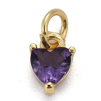 Brass Micro Pave Cubic Zirconia Charms, Long-Lasting Plated, Real 18K Gold Plated, Heart, Medium Purple, 8x5x3.5mm, Hole: 3mm