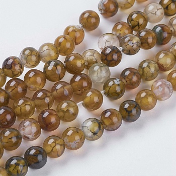 Natural Dragon Veins Agate Beads Strands, Dyed, Round, Olive, 6mm, Hole: 1mm, about 32pcs/strand, 7.5 inch