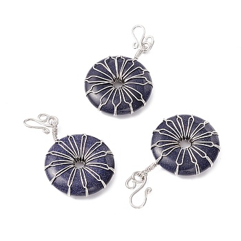 Synthetic Blue Goldstone Big Pendants, with Platinum Plated Brass Wires Wrapped, Flat Round, 50~53.5x30~31x7.5mm, Hole: 7.55mm