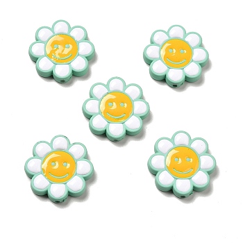 Opaque Acrylic Beads, with Enamel, Flower with Smiling Face, Aquamarine, 24.5~25x4mm, Hole: 1.5mm