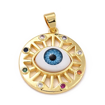 Brass Micro Pave Colorful Cubic Zirconia Pendants, with Resin, Real 18K Gold Plated, Flat Round with Eye, Light Sky Blue, 27.5x25x7.5mm, Hole: 6.5x3.5mm