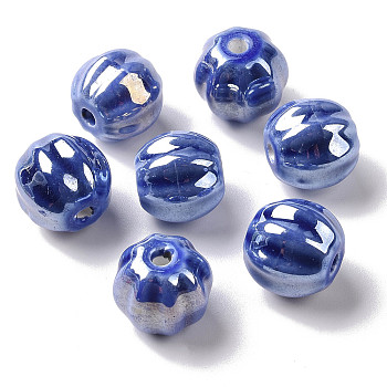Handmade Pearlized Porcelain Beads, Pearlized, Pumpkin, Medium Blue, 13x12mm, Hole: 2mm