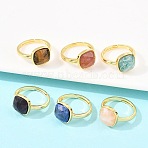 Natural Gemstone Finger Rings with Brass Findings, Square, Faceted, Rack Plating, Golden, 17mm(G-H353-04G)