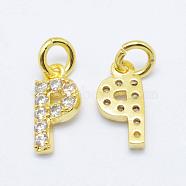 Brass Micro Pave Grade AAA Cubic Zirconia Charms, Letter P, Cadmium Free & Nickel Free & Lead Free, Real 18K Gold Plated, 9x4.5x1.5mm, Hole: 2mm(ZIRC-P067-11G-P-NR)