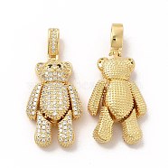 Rack Plating Brass Micro Pave Cubic Zirconia Pendants, Cadmium Free & Lead Free, Real 18K Gold Plated, Long-Lasting Plated, Mechanical Charm, Bear Charm, Clear, 32x17.5x8.5mm, Hole: 3x6.5mm(KK-G456-08G)